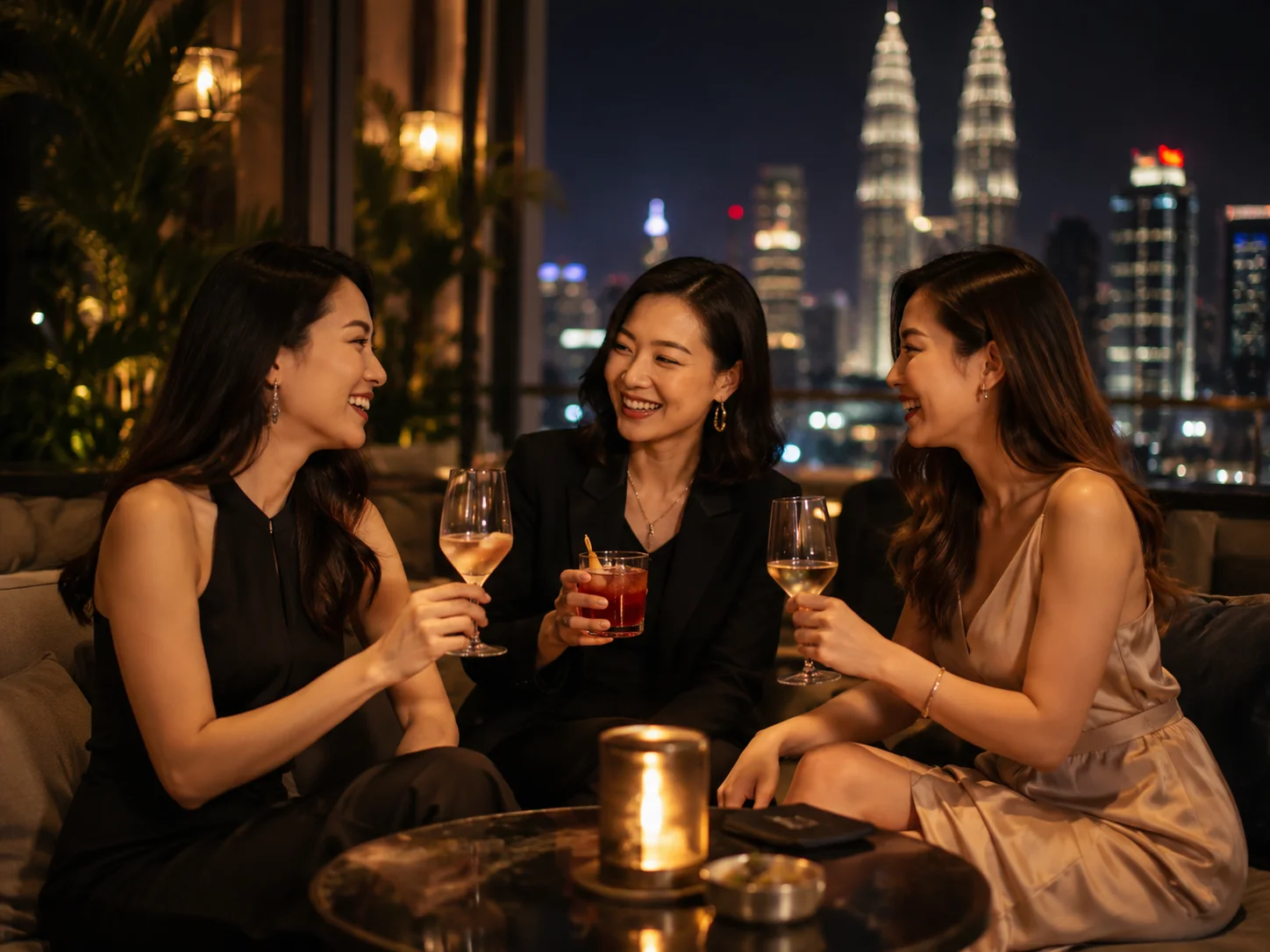 三位女性在吉隆坡夜景旁举杯交流